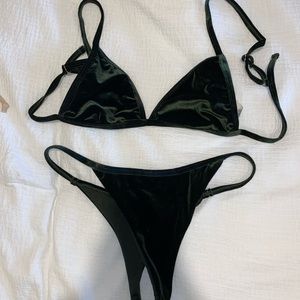 Emerald green faux velvet thong bikini